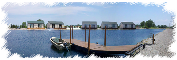 Panoramic view across the private pond at Bay's Edge in Port Clinton, Ohio